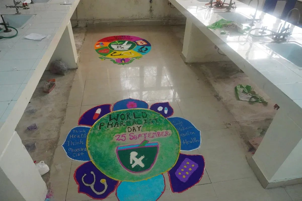Pharmacy students creating rangoli during World Pharmacists’ Day 2026
